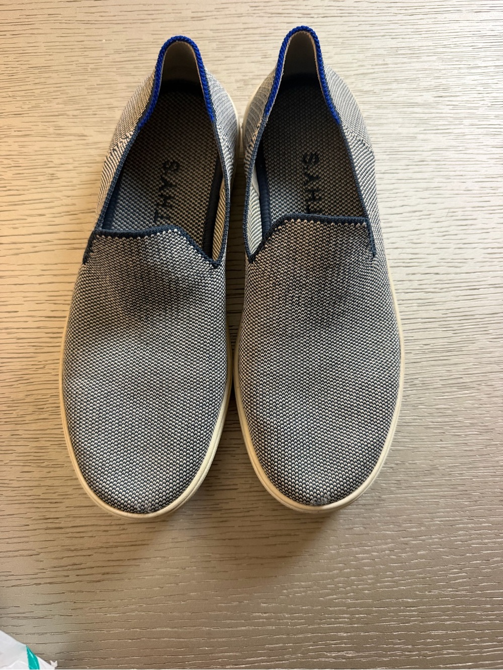 Rothy's Gray Canvas Slip-On Loafers with Blue Trim
